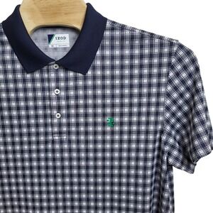 IZOD GOLF Mens XL Checkered Polo Shirt Short Sleeve Button Neck Navy White‎ Logo